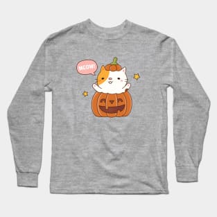 Cute Cat In Carved Pumpkin Halloween Long Sleeve T-Shirt